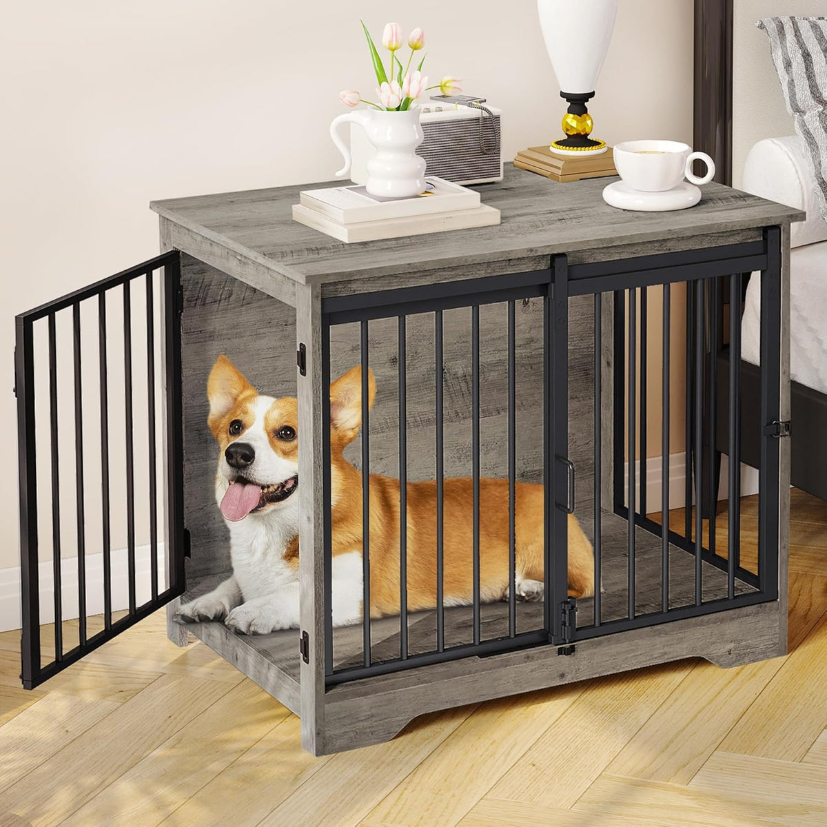31.9" Dog Crate Furniture with Barn Door, Heavy Duty Dog Kennel Indoor with 2 Doors, Wooden Pet