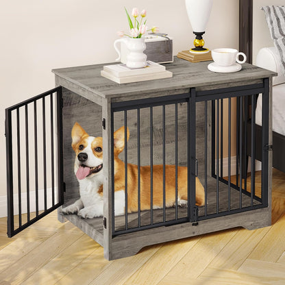 31.9" Dog Crate Furniture with Barn Door, Heavy Duty Dog Kennel Indoor with 2 Doors, Wooden Pet
