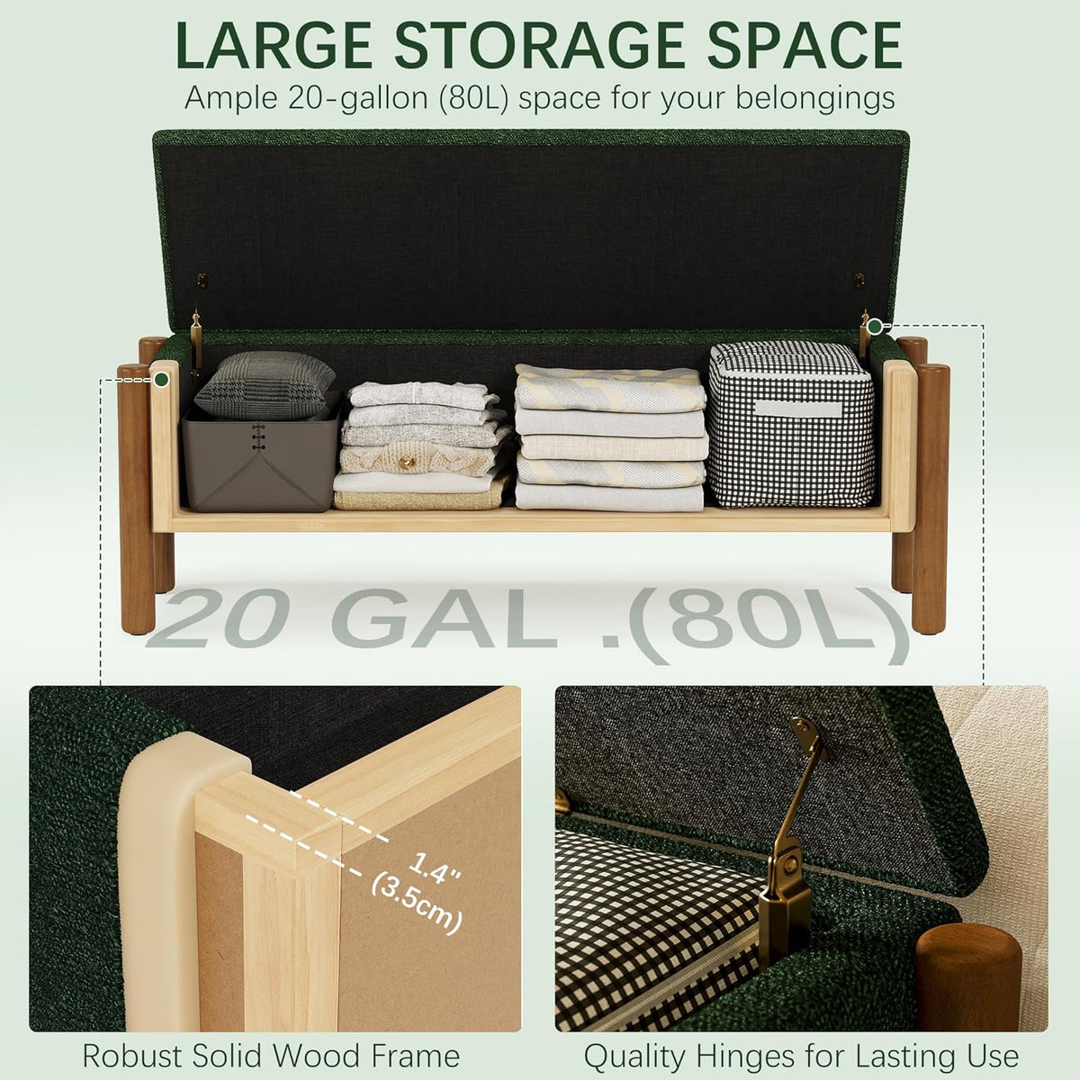 Modern Storage Benches with Walnut Wood Legs, 47'' Ottoman Bench with 20 Gallons Storage Space for