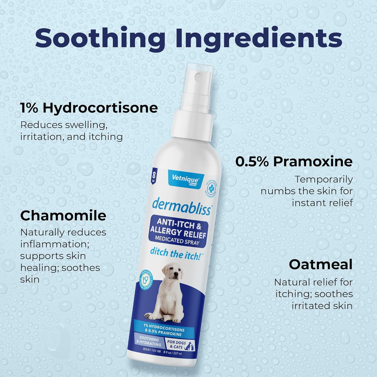 Vetnique Dermabliss Anti Itch Spray for Dogs & Cats with Hydrocortisone for Allergies and Immediate
