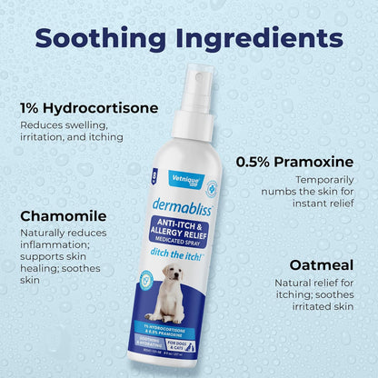 Vetnique Dermabliss Anti Itch Spray for Dogs & Cats with Hydrocortisone for Allergies and Immediate