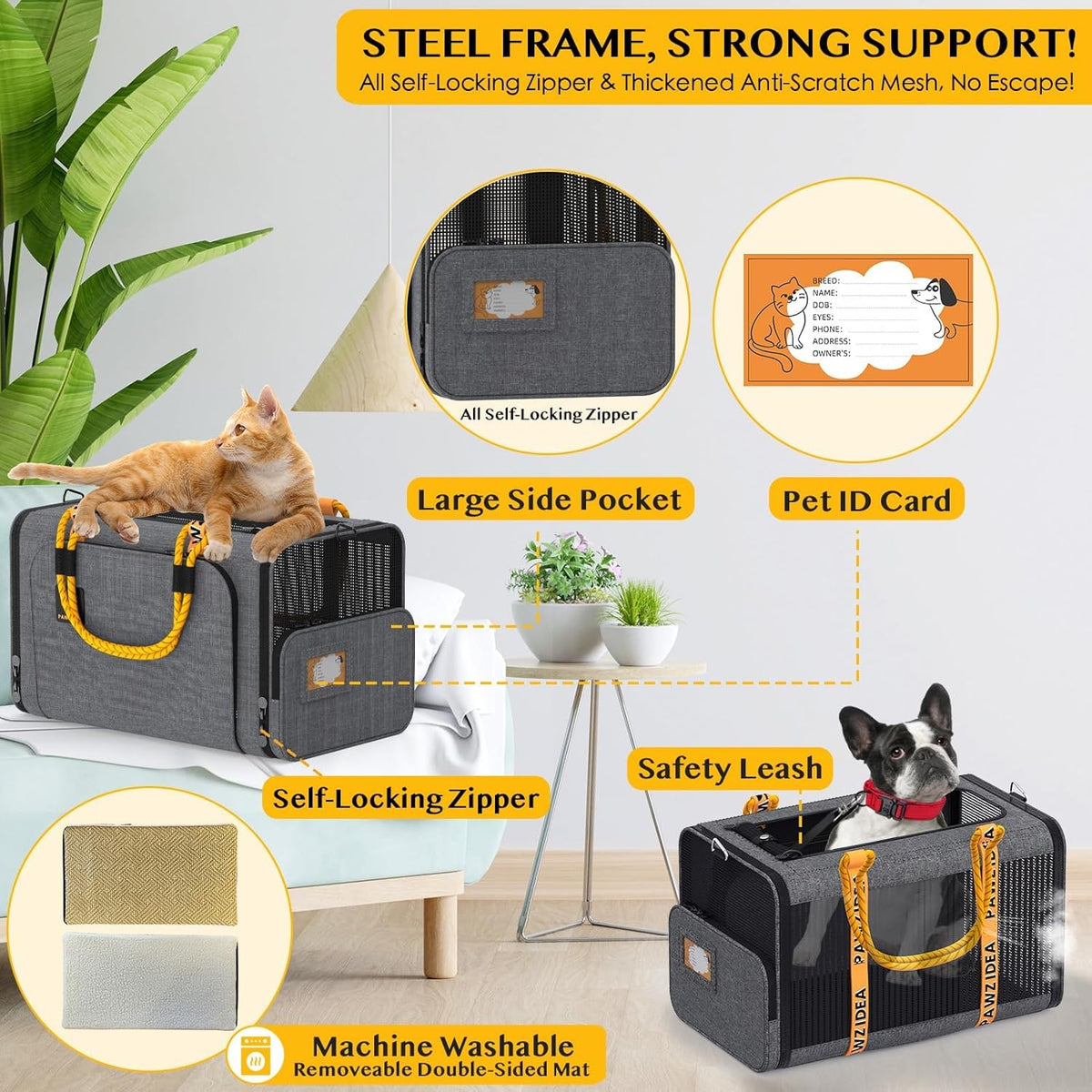 PAWZIDEA Expandable Pet Carrier w/ID Card, 18x11x11 in Small Dog Carrier TSA Airline Approved, Top