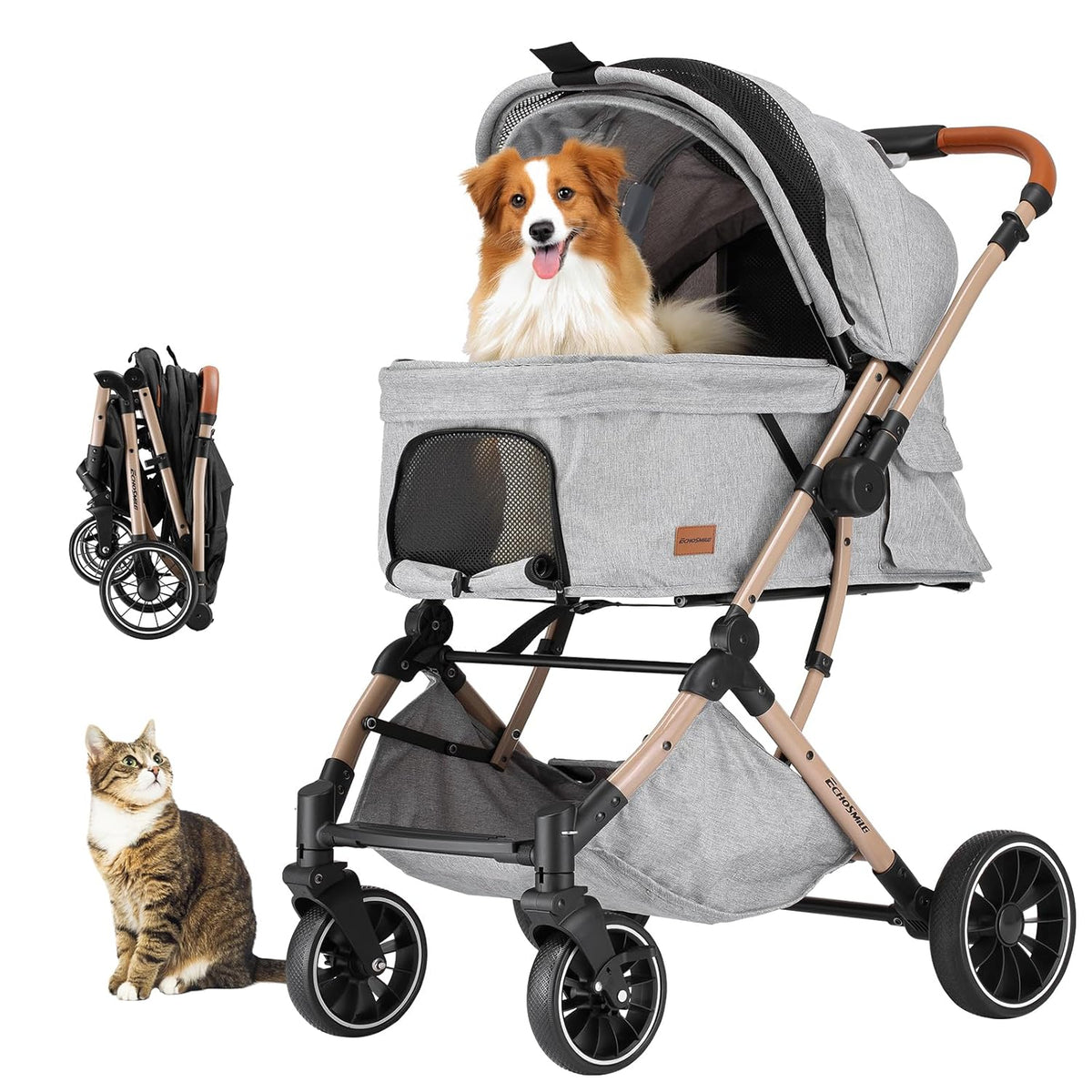 EchoSmile Small Medium Dogs Stroller 4-Wheel Pet Strollers for Medium Dogs Up to 50lbs, One Click