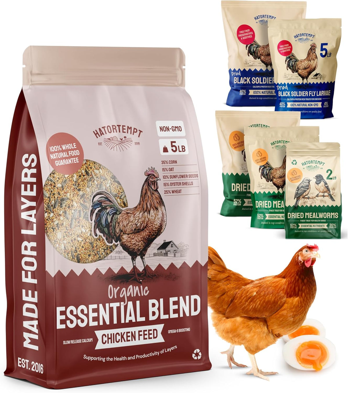 PTCOM Hatortempt 5lb Organic Chicken Feed for Laying Hens - 3 Grain Essential Blend - 5% Calcium