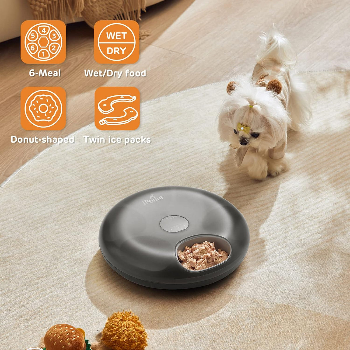 iPettie Donut Frost 6 Meal Cordless Automatic Pet Feeder, Dry & Wet Food Automatic Cat Feeder with