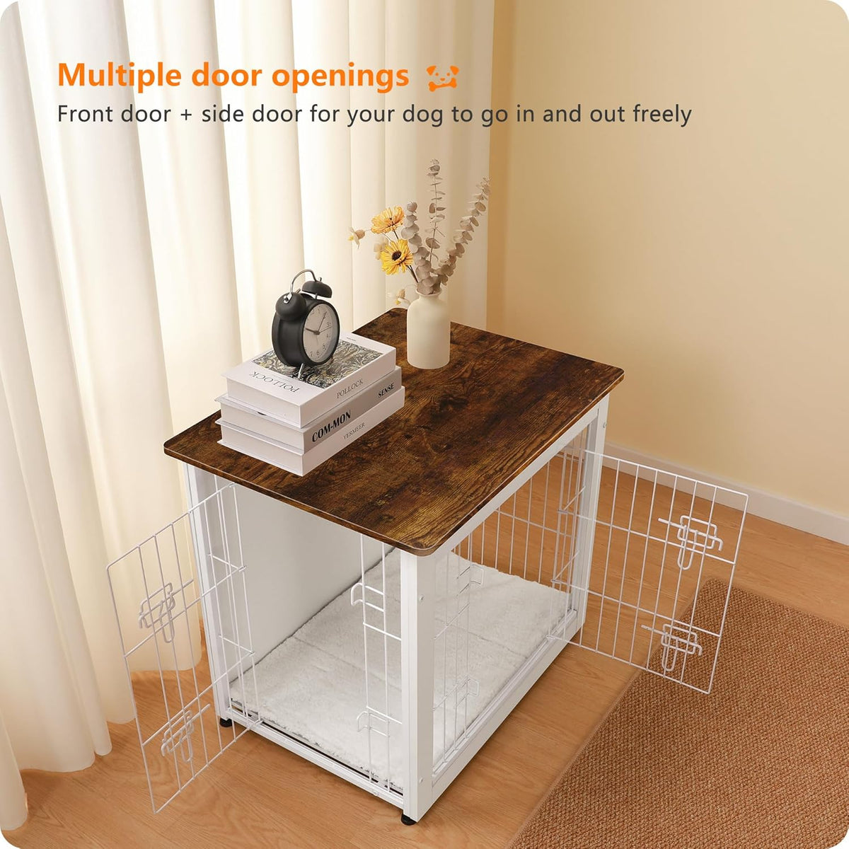 DWANTON Dog Crate Furniture with Cushion, Wooden Kennel Table with Double Doors, Indoor Dog House