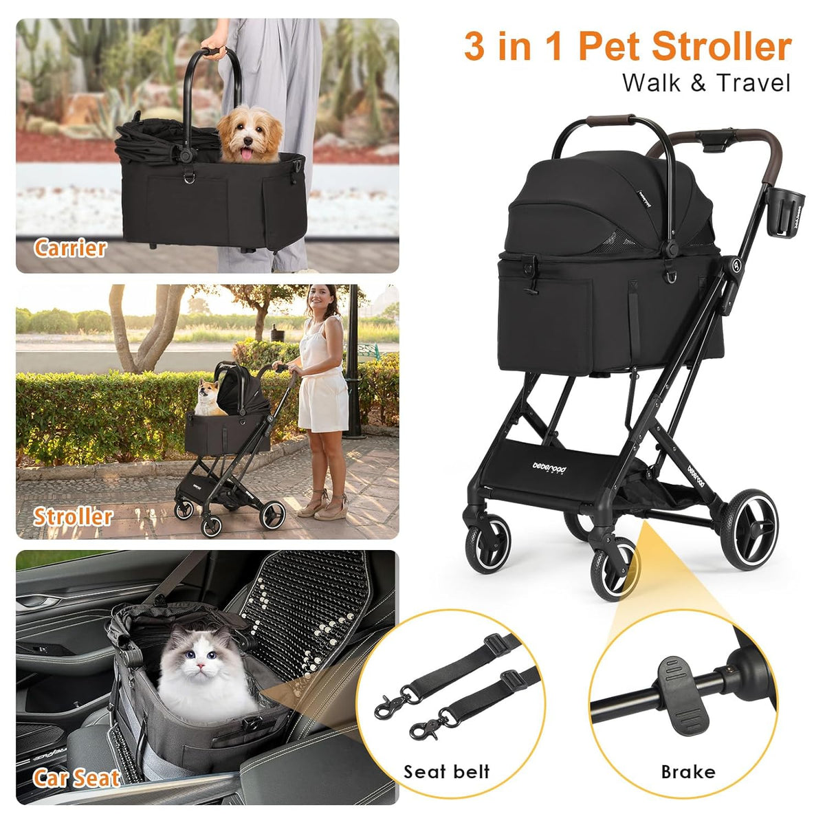 X2 Pet Stroller, Dog Cat Stroller for Small Pets Under 44lbs, Equipped with Detachable & Foldable