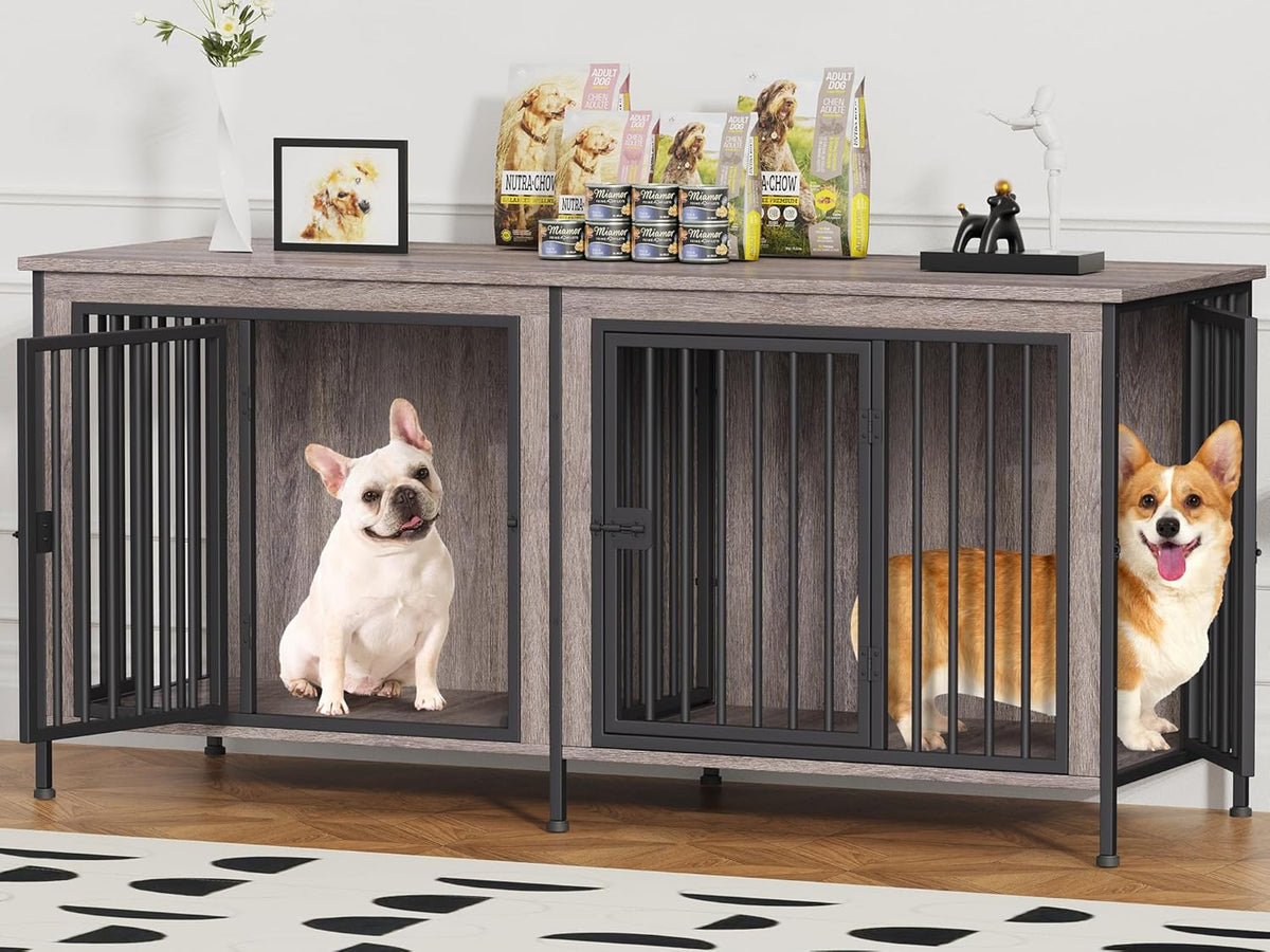 EasyCom 63" Dog Cage Furniture for 2 Pets with Divider, XL Wooden Double Dog Crate Furniture TV