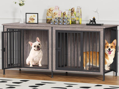 EasyCom 63" Dog Cage Furniture for 2 Pets with Divider, XL Wooden Double Dog Crate Furniture TV