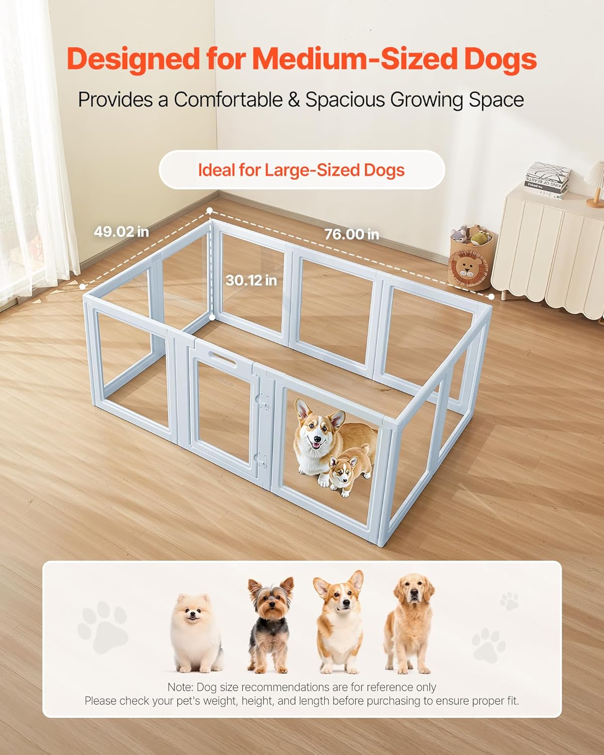 VEVOR Clear Acrylic Dog Playpen Indoor, 76x49x30 in Plastic Pet Playen for Large Sized Dogs, Easy