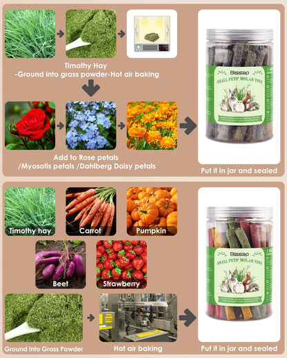 Bissap 72 PCS Rabbit Chew Sticks, Natural Timothy Hay Pumpkin Sugar Beet Carrot Strawberry Rose