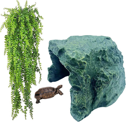 kathson Reptile Rock Hideout Cave,Tortoise Hide Caves,Resin Hides Shelter,Reptile Green Plant