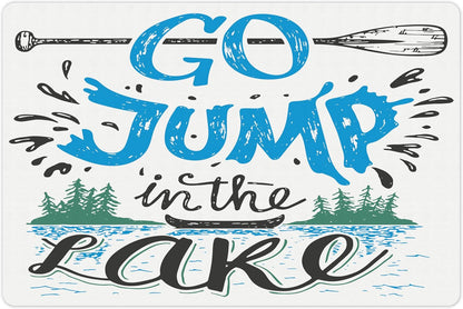 Lunarable Cabin Pet Mat for Food and Water, Vintage Typography Inspirational Words Lake Sign Canoe