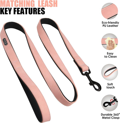 Didog Soft Padded Leather Dog Collar and Leash Set, Pink Breathable Pet Collars with 4FT PU Leather