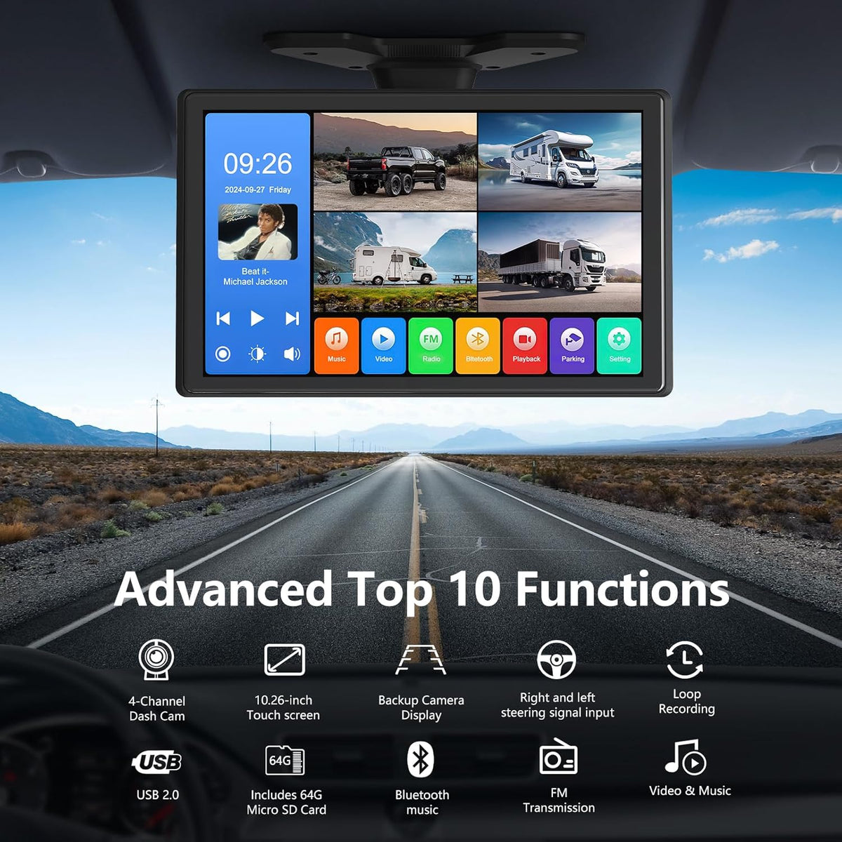 4 Channel Backup Camera System,Touchable 10.26 inch Monitor with DVR Stereo, 64GB Card, IP69