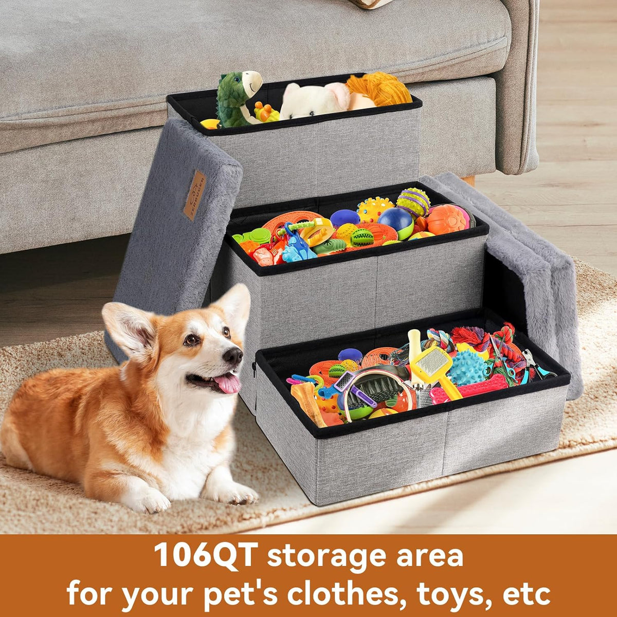 Dog Stairs with Furry Lids 18" H, 3-Step Wider Dog Steps with Storage for Small/Medium/Large Old
