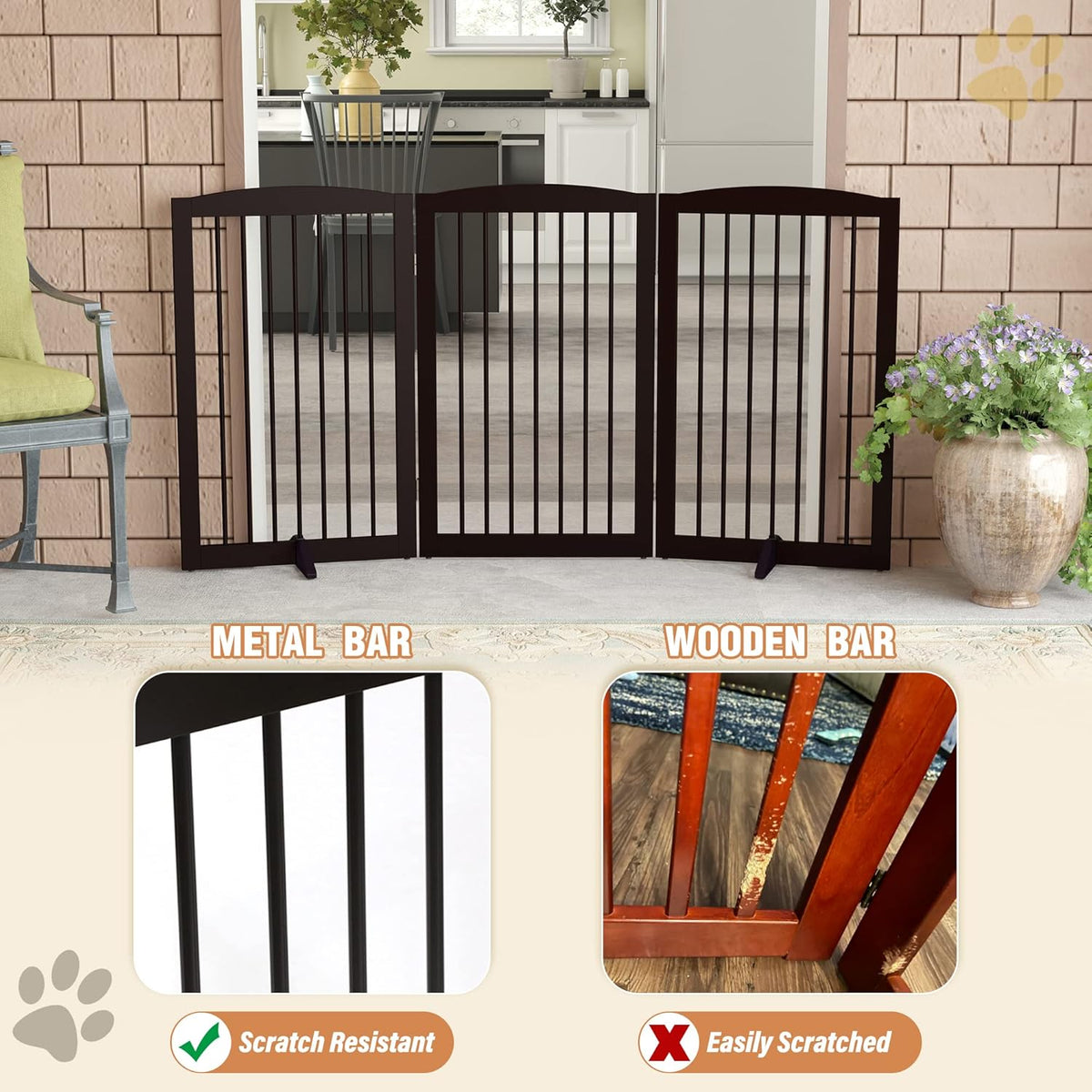 Freestanding Pet Gate for Dogs, Foldable Wooden Dog Gate for House Indoor, Tall Pet Fence for