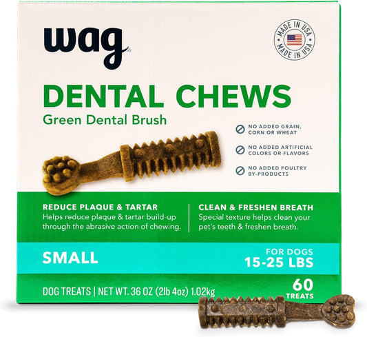 Amazon Brand - Wag Dental Dog Treats to Help Clean Teeth & Freshen Breath - Small, Unflavored, 2.25