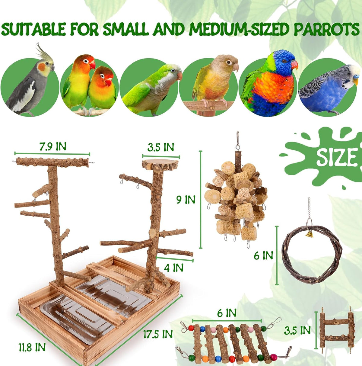 Bird Playground - Natural Wood Bird Perch Stand with Removable Tray and 2 Stainless Steel Cups
