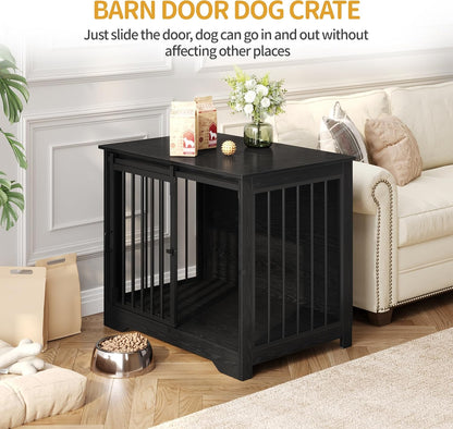 31.9" Dog Crate Furniture with Barn Door, Heavy Duty Dog Kennel Indoor with 2 Doors, Wooden Pet