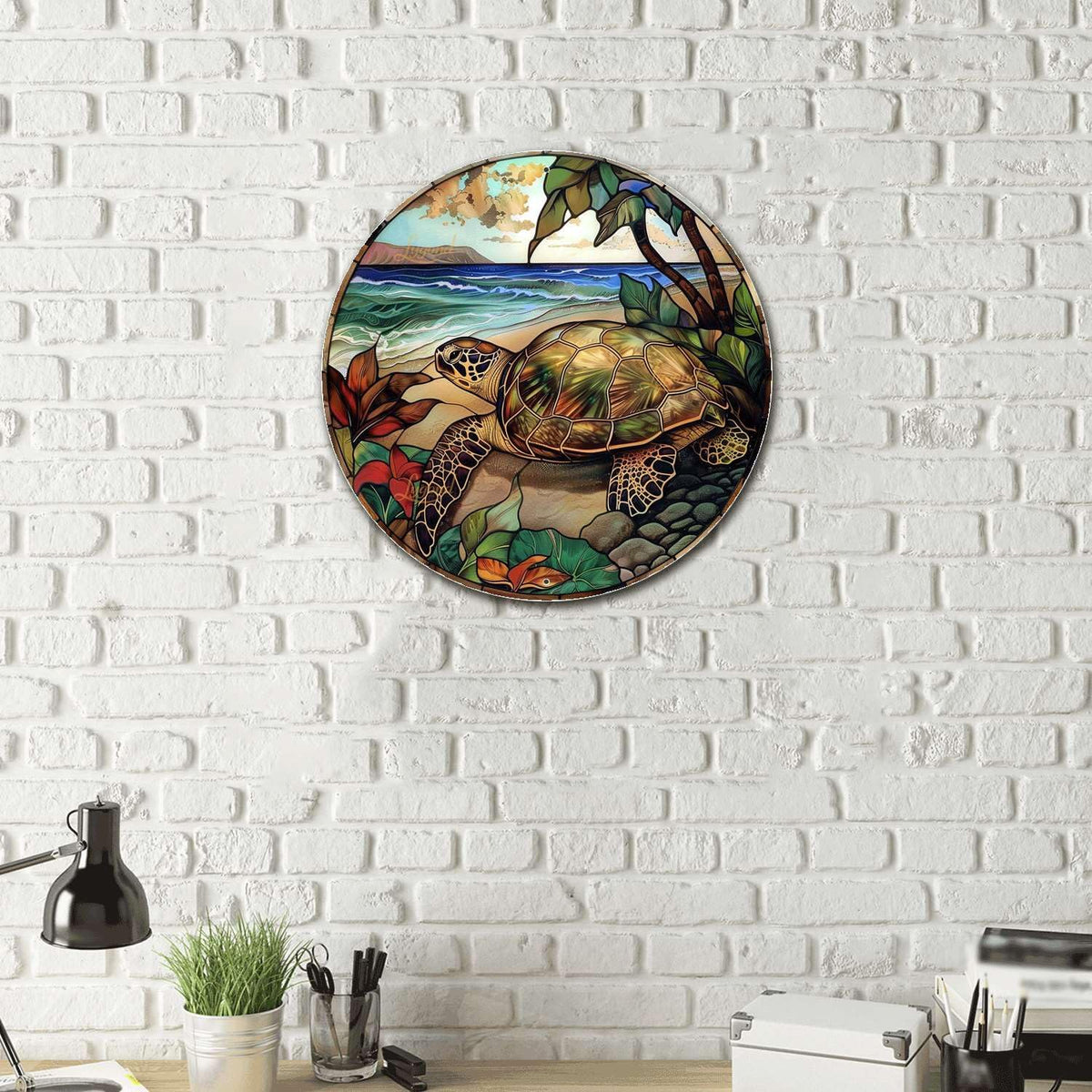 Lygond Metal Sign Tin Sign Circular Stained Glass Turtle Decor Outdoor for Yard 8×8 Inches