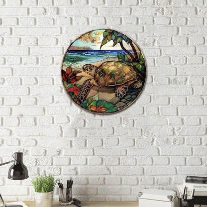 Lygond Metal Stained Glass Turtle Tin Sign for Home Decor - 1212 Inches