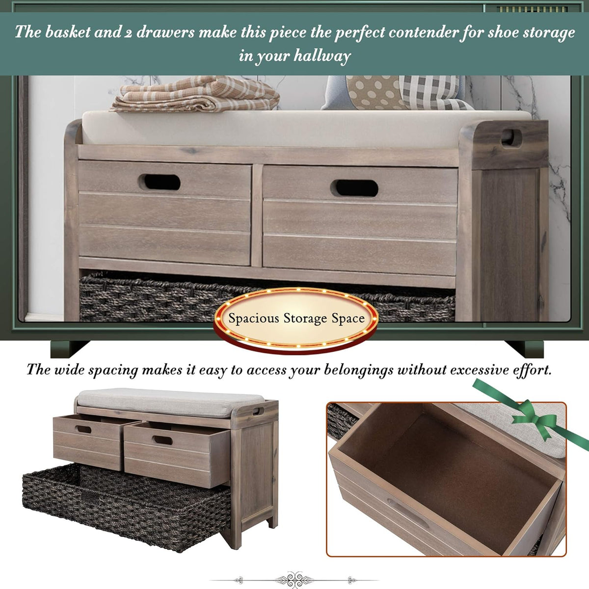 Storage Bench Removable Basket 2 Drawers Fully Assembled Acacia Wood Shoe Bench Standing Shoe Rack