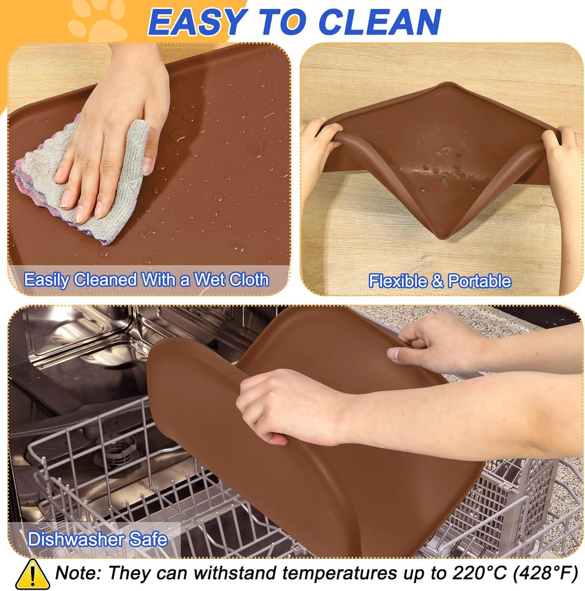 Silicone Pet Feeding Mat with Raised Edge for Food and Water, Dog Bowl Mats, Cat Bowls Placemat