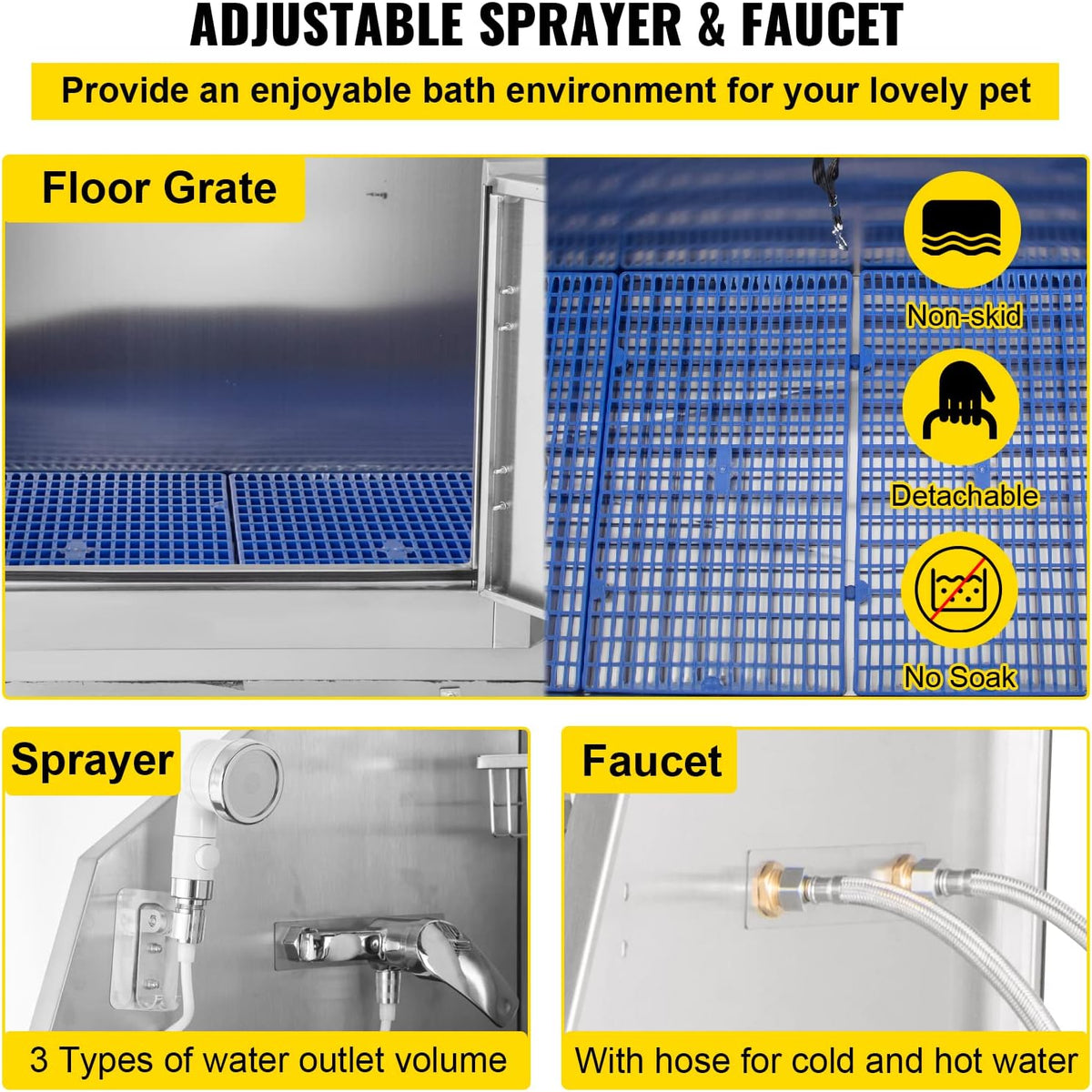 VEVOR Dog Grooming Tub, 62" L Pet Wash Station, 304 Stainless Steel Pet Grooming Tub Rated 661LBS