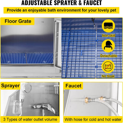 VEVOR Dog Grooming Tub, 62" L Pet Wash Station, 304 Stainless Steel Pet Grooming Tub Rated 661LBS