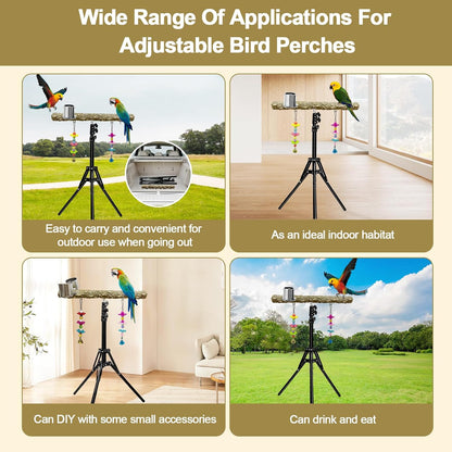 16-63 Inch Height Adjustable Bird Perch Pepper Wood Parrot Training Perch Stand with Feeding Cups