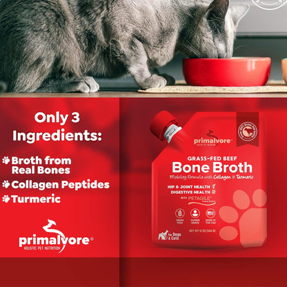 Primalvore Grass-Fed Beef Bone Broth for Dogs &Cats, Mobility Formula w/Collagen Peptides to Help