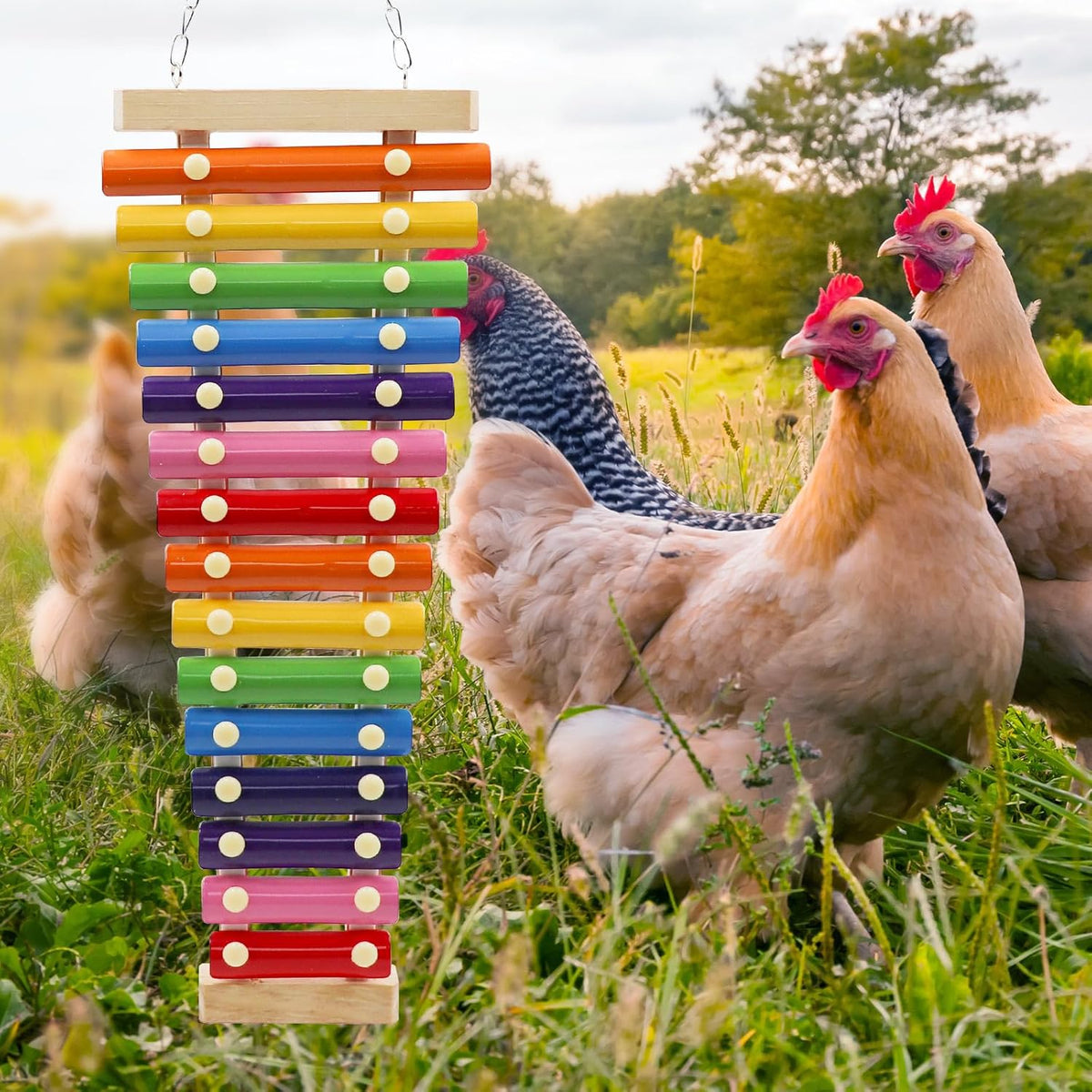 Dnoifne Large Colorful Chicken Xylophone Toy, Hanging Funny Xylophone Toy with 15 Metal Keys, Cage