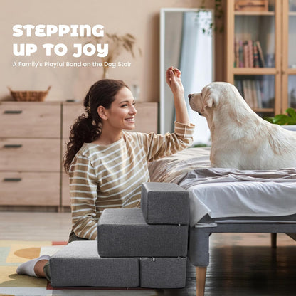 Foldable 18 Inch Wide 3 Step Wide Dog Stairs for Large Dogs, 18 Inch Height Foam Dog Steps for Bed