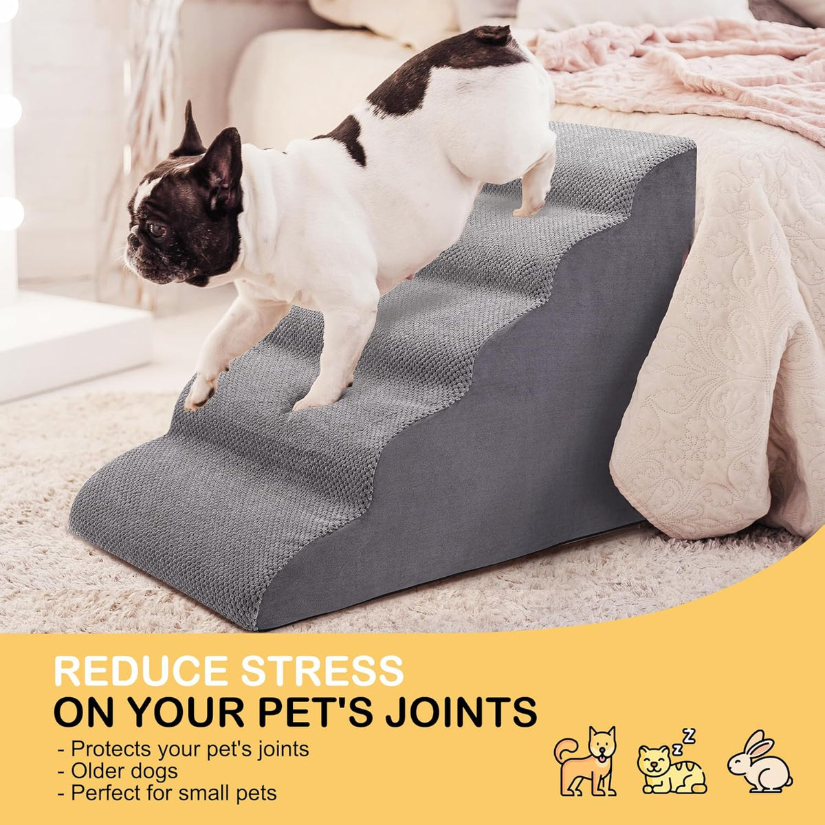 Dog Stairs for Bed and Couch, Non-Slip 5-Step Pet Stairs, 24" High Sofa Foam Dog Ramp - Best for