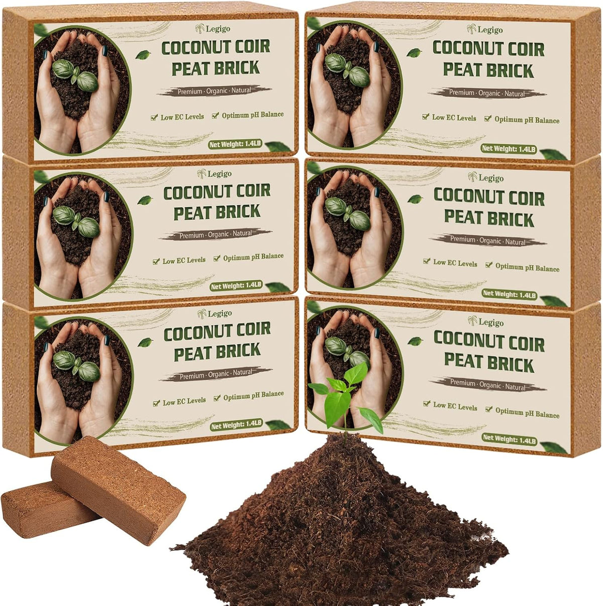 Legigo 6 Pack Premium Coco Coir Brick for Plants- 100% Organic Compressed Coconut Coir Bricks