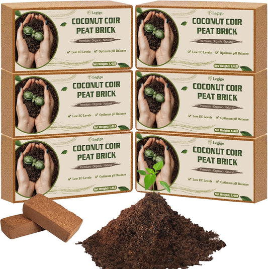 Legigo 6 Pack Premium Coco Coir Brick for Plants- 100% Organic Compressed Coconut Coir Bricks