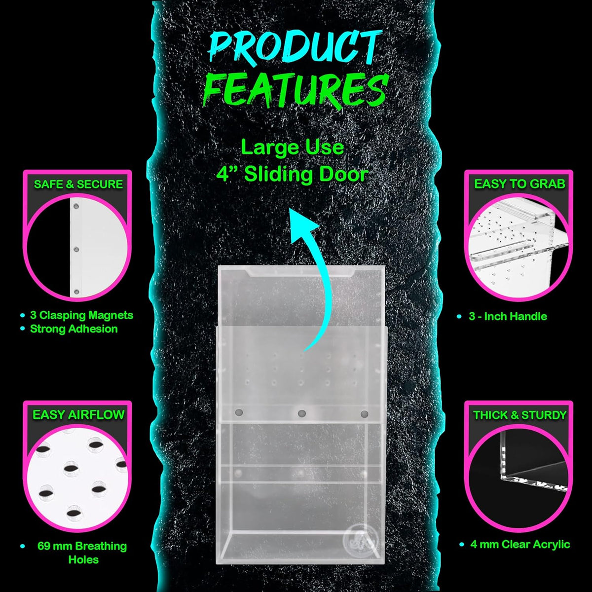 Jumping Spider Enclosure 5"x5"x7" or Tarantula Enclosure - Reptile Terrarium w/Sliding Magnetic