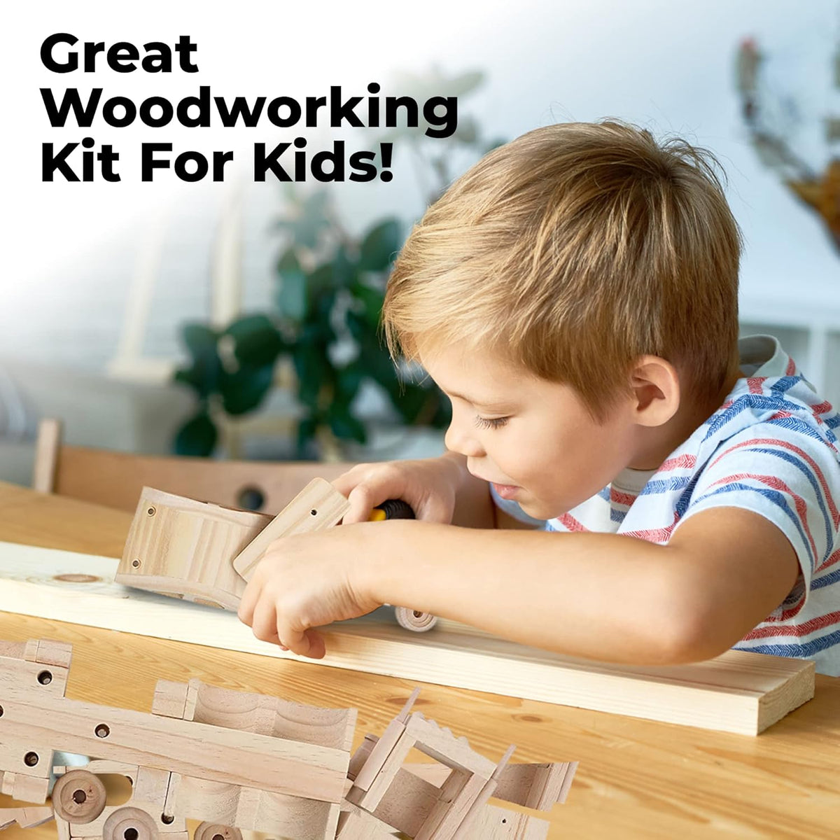 Kraftic Woodworking Building Kit for Kids, with 3 Educational DIY Carpentry Construction Wood Model