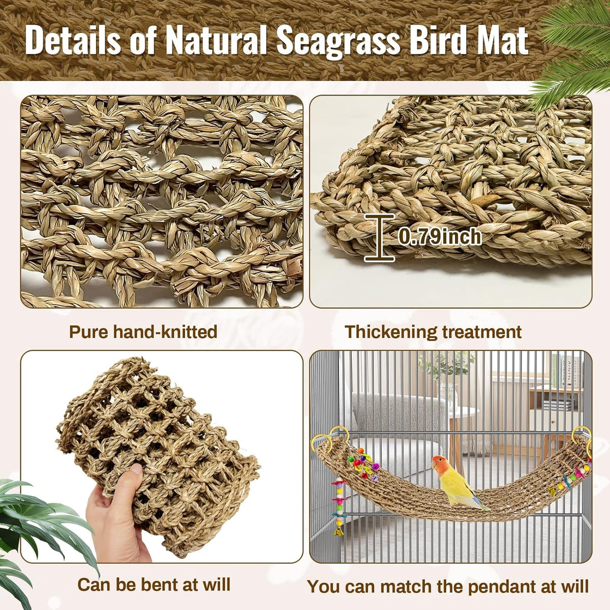 2Pcs 29.5 x 7 inches Large Bird Seagrass Mat Grass Woven Net Parrot Hammock Mat Parakeet Climbing