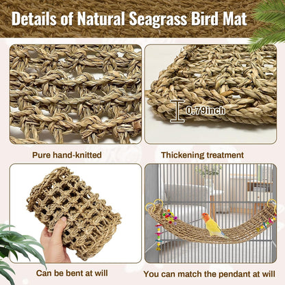 2Pcs 29.5 x 7 inches Large Bird Seagrass Mat Grass Woven Net Parrot Hammock Mat Parakeet Climbing
