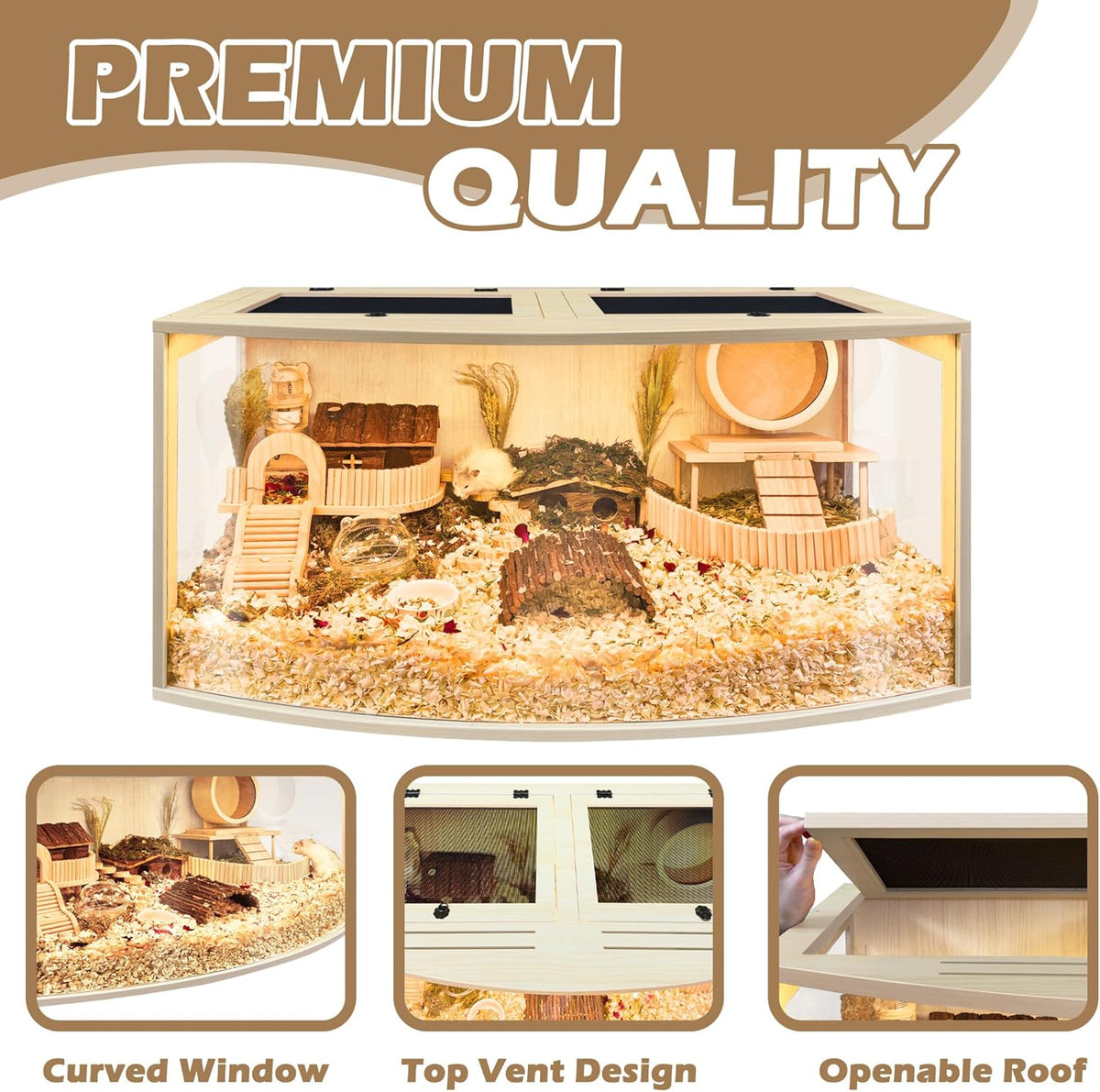 Prolee Hamster Cage Chew Proof Wood, Hamsters Enclosure Openable Top with Curved Design,Waterproof