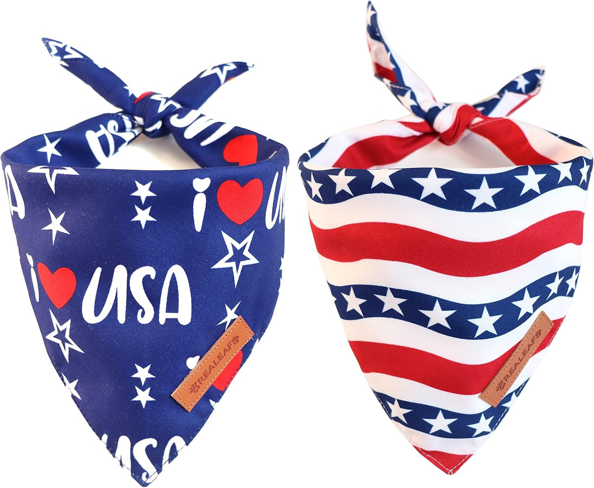 Realeaf 4th of July Dog Bandanas 2 Pack, Triangle Reversible American Flag Pet Patriotic Scarf for