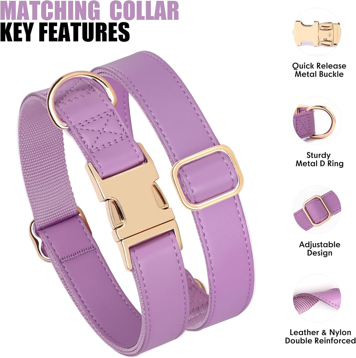 PET ARTIST PU Leather Dog Collar, Bright & Stylish Purple Dog Collar Girl with Quick Release Gold
