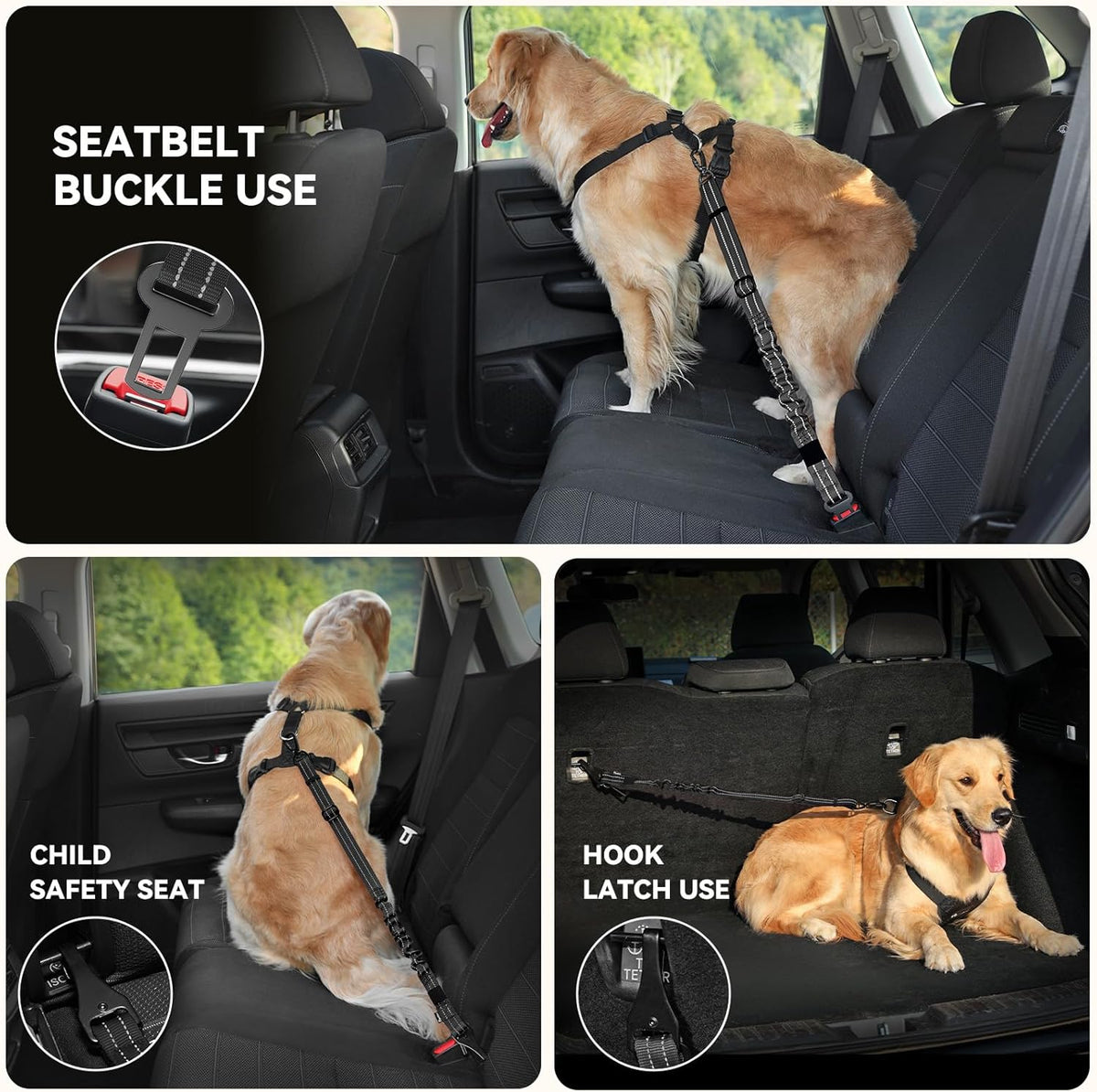 Pawaboo 2Pack Dog Seatbelt for Car, 3-in-1 Dog Car Seat Belt Bungee,Shockproof Dogs Tether for Car