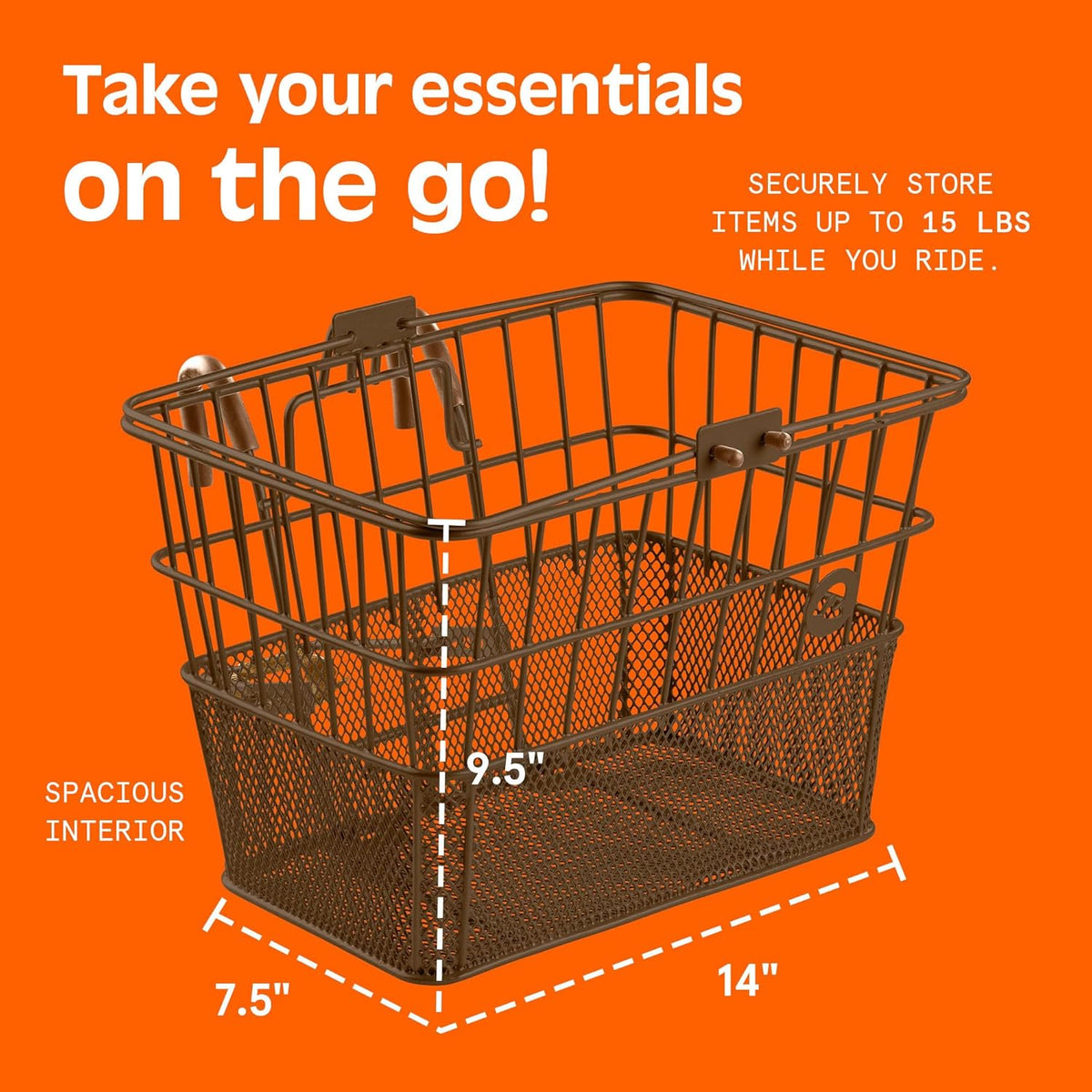 Retrospec Apollo Detachable Front Bike Basket Steel Half-Mesh with Integrated Detachable Hooks and