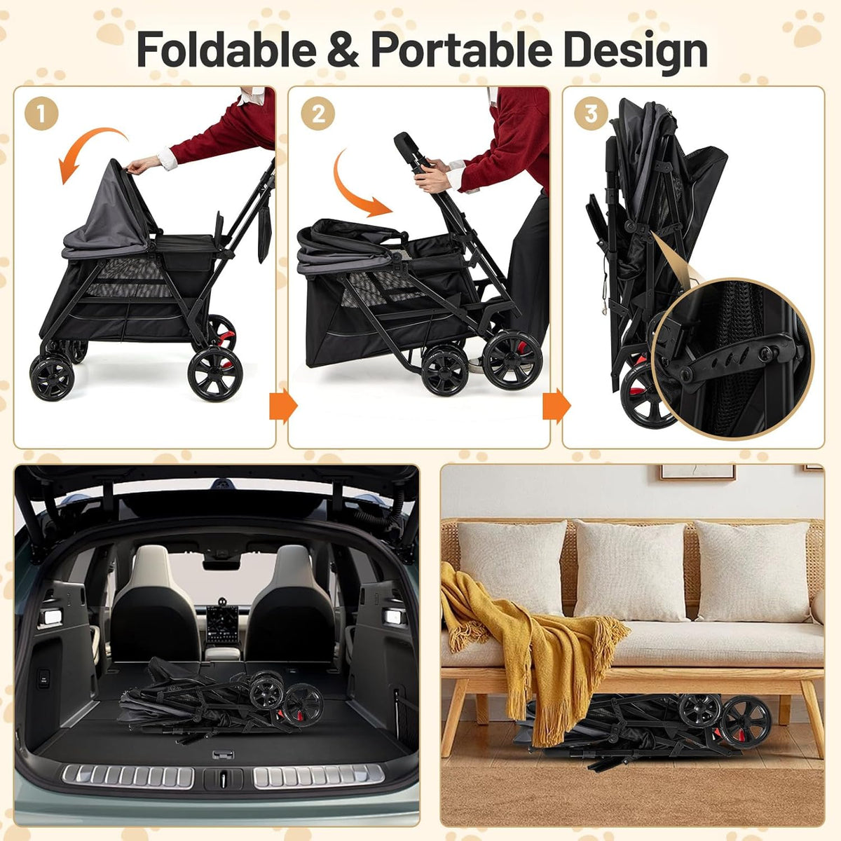 PETSITE 4 Wheels Dog Stroller, Foldable Cat Stroller with Dual Entries, Ramp, Mesh Windows