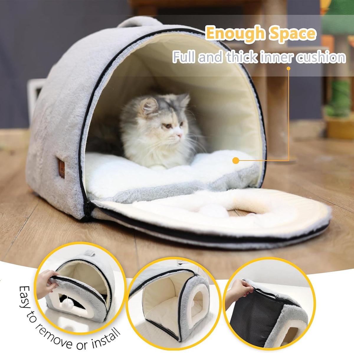 Cat Bed for Indoor Cats，Foldable cat cave，Anti-Slip & Water-Resistant Bottom，cat Houses for Indoor
