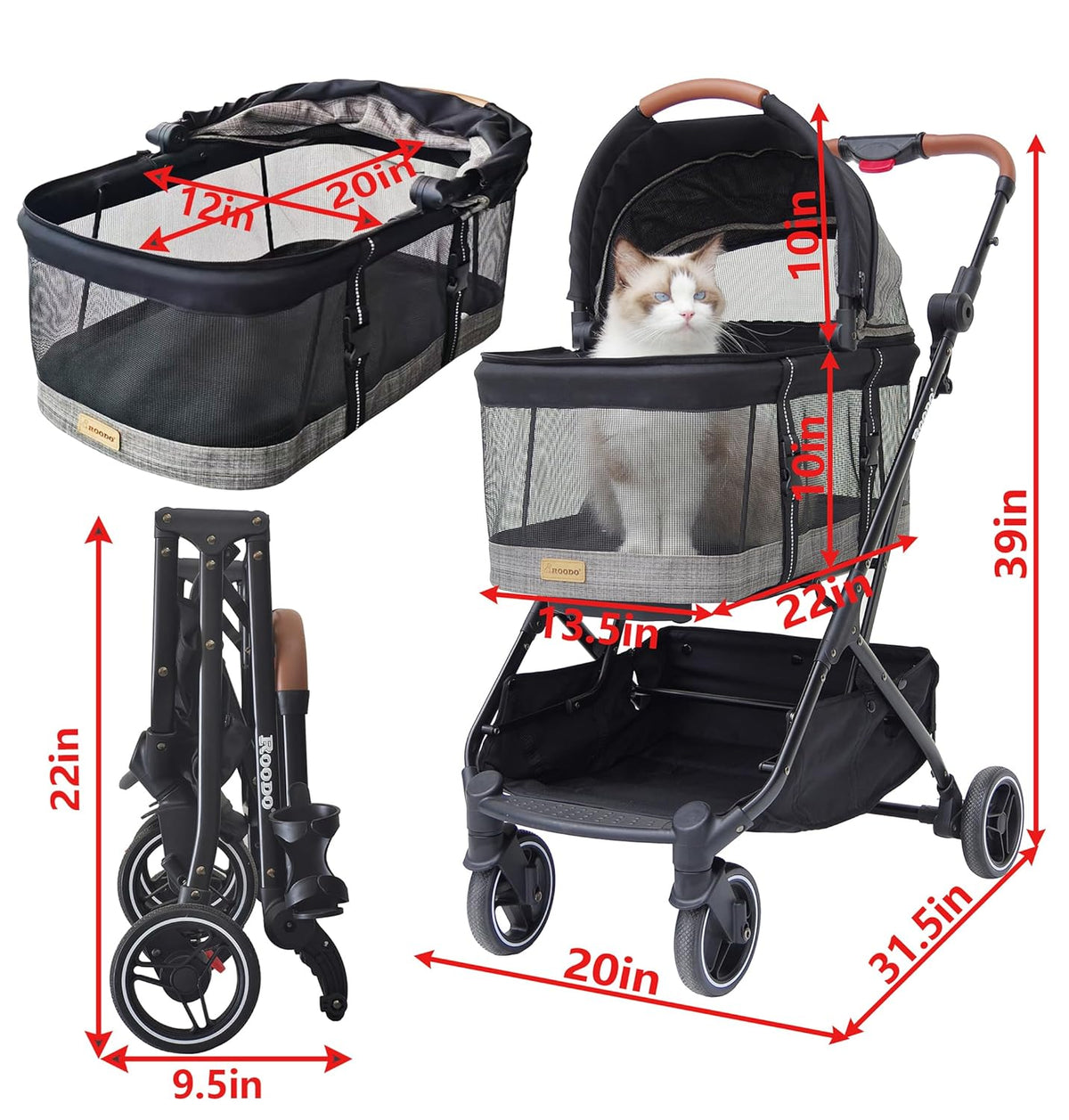 ROODO Fashion 3-in-1 Dog Cat Stroller with Detachable Carrier&Car Seat Combo Best Lightweight