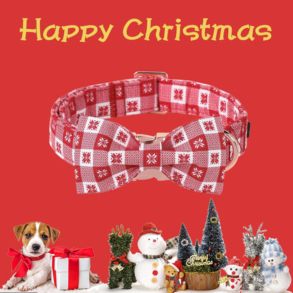 Unique Style Paws Christmas Day Dog Collar with Bow Christmas Red Papercut Cotton Puppy Collars for